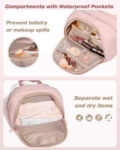 Marscamd ravel Makeup Bag for Women, Lay-Flat Toiletry Organizer, Pink | Lay-flat design, waterproof wet & dry pockets, 3-section organization & lightweight carry - color: Pink