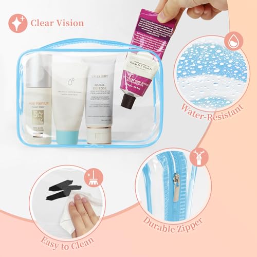 TISRATOK 12 PCS Clear Makeup Bag for Women with Zipper, TSA Approved Toiletry Pouch, Cosmetic Bag Bulk for Travel Organizer Essentials - Blue,Medium - color: Blue, size: medium