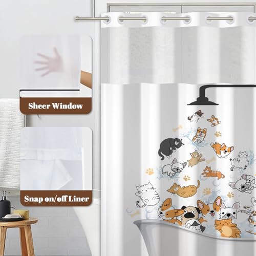 No Hook Shower Curtain and Snap in Liner Set, Cute Cartoon Cats & Dogs Bath Time Print Shower Curtains for Kids Pet Lovers Bathroom, Funny Waterproof Bath Curtain with Mesh Top, 71x74 Inch - color: Cat & Dogs