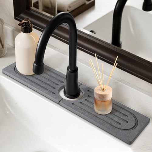 15.7”Drying Stone Faucet Mat for Kitchen Sink-Diatomite Quick Dry Kitchen Sink Splash Guard, Water Absorbent Diatomite Stone Tray,Durable Protector for Bathroom Counter (Grey, 15.7" X 3.9")