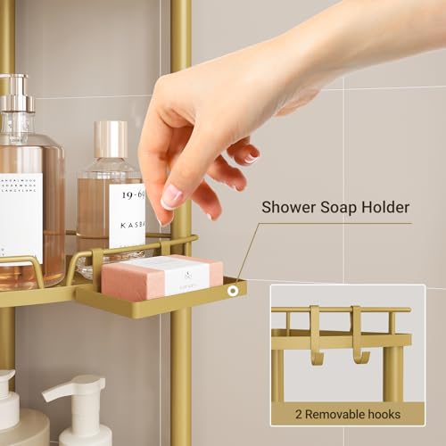 ELYKEN Corner Shower Caddy Standing, 3 Tier Rustproof Metal Shower Organizer with Soap Holder, Floor Shower Corner Shelf Rack Storage Stands with Adjustable Feet & 2 Hooks for Bathroom, Gold - color: Gold, size: 3 Tier