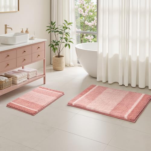 HOMEIDEAS Pink Bathroom Rugs Set of 2, Thick Absorbent Chenille Bath Mats, Non-Slip Soft Shaggy Rugs for Bathroom Floor, 20" x 32" & 17" x 24" - color: Pink
