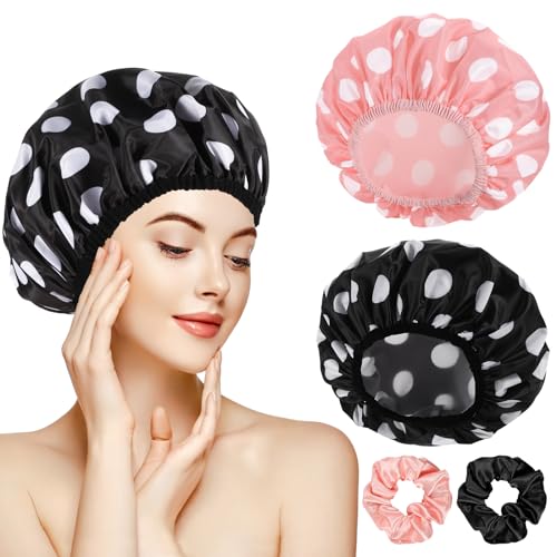 WSICSE 2 Packs Large Shower Caps for Women, Waterproof Shower Cap Double Layers Bath Caps with Hair Scrunchies for Long Thick Hair - color: pink, black