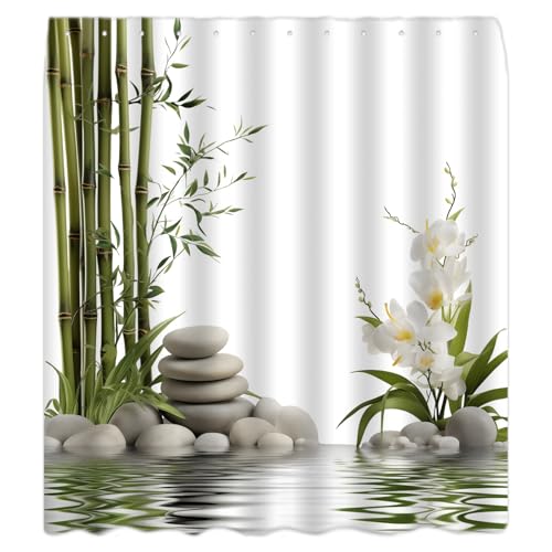 Spa Stone Shower Curtain Floral Flower Green Bamboo Leaves Relax Water Garden Nature Plant Bath Curtain with Hooks, 67x70 Inch - size: 67"W x 70"L (Pack of 1)