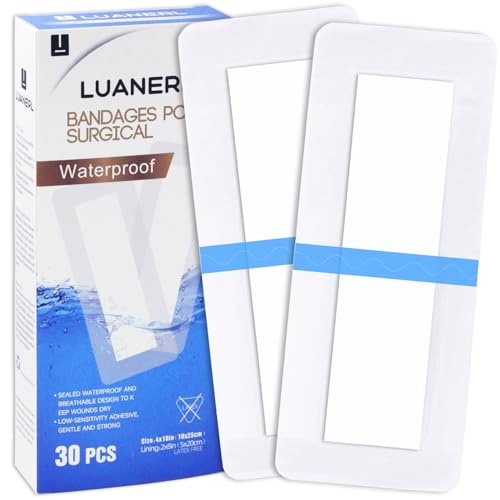 30 Pack 4"x10" Waterproof Adhesive Island Dressing for Post-Surgery Recovery | Sterile Bordered Gauze Bandages with Non-Stick Pad for Knee/Hip Replacement, Surgical Incision Care & Shower Protection - size: 4x10 in