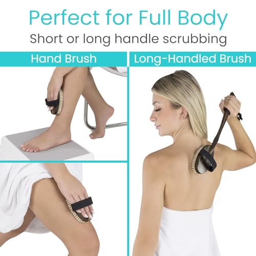Vive Dry Brush Set for Lymphatic Drainage (3 Pack) - Brushing Scrubber for Exfoliating, Body Cellulite and Skin Massage - 100% Natural Boar Hair Bristles, 19” Long Dark Wooden Handle w/Storage Bag