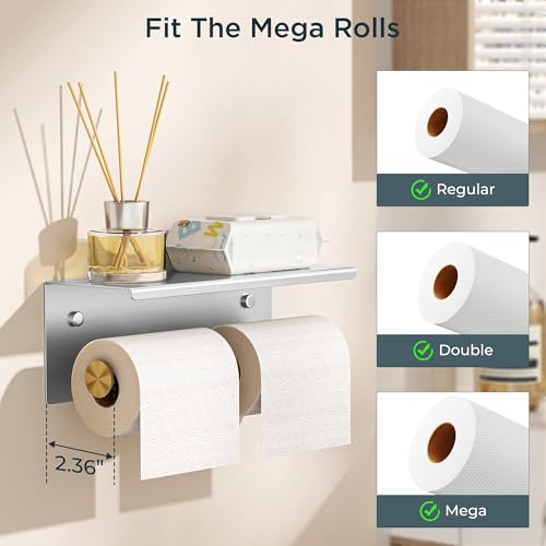 FORIOUS Double Toilet Paper Holder with Shelf, Wall Mount Tissue Roll Holder for Bathroom, 304 Stainless Steel Commercial Toilet Tissue Dispensers with Phone Shelf (1, Stainless Steel & Brushed Gold) - color: Stainless Steel & Brushed Gold