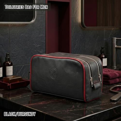 Men's Toiletry Travel Bag, Premium PU Leather Travel Kit, Metal Zippers & Bottom Studs, Velvet Dust Bag & Shape-Retention Packaging/Gift Ready For Groomsmen, Anniversary, Birthday Gifts BLACK/BURGUNDY - color: BLACK/BURGUNDY