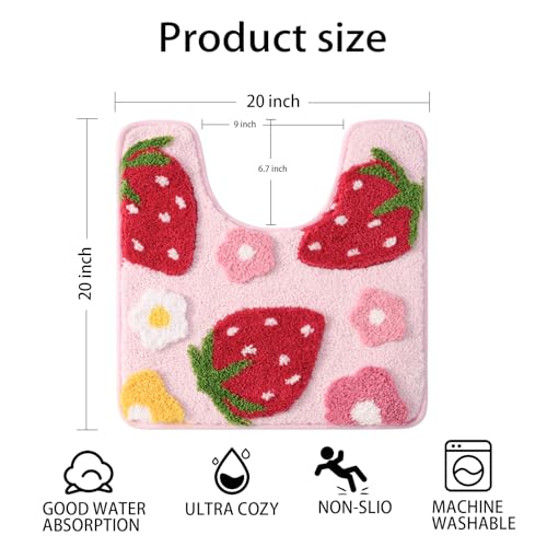 Anybar U-Shaped Toilet Rug 20x20'' - Super Soft Absorbent Bathroom Mat with Cute Strawberry & Flower Design, Non-Slip Quick-Dry Washable Contour Rug for Toilet, Bath Mats for Bathroom Decor（Pink） - color: Pink, size: 1'8" x 1'8" (U-Shape)