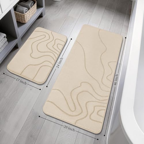 YIHOUSE Memory Foam Bathroom Rugs Sets 2 Piece - Extra Thick Ultra Soft Absorbent Bath Mat Set, Non-Slip Machine Washable Bath Rugs for Bathroom, Tub & Shower, Home Decor (17"x24"+20"x46", Beige) - color: Beige, size: 1'5" x 3'10" (17"x24"+20"x46")