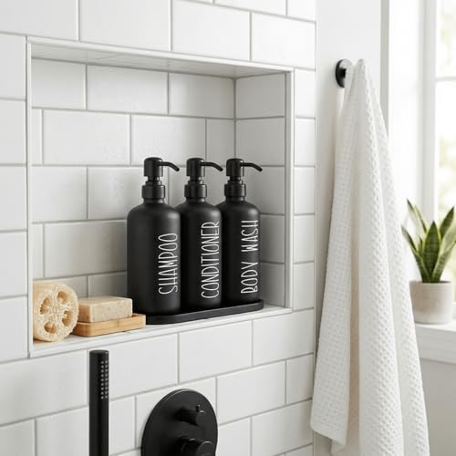 MOMEEMO Reusable Shampoo and Conditioner Bottles with Tray, Shampoo Bottles Refillable with Pump, Pump Bottles for Shampoo and Conditioner, Shower Dispenser Bottles (Black) - color: Black Black