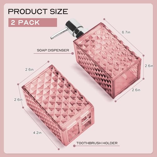 Bathroom Accessories Set 2 PCS, Pink Bathroom Accessories Include Soap Dispenser and Toothbrush Holder, Diamond Pattern Bathroom Set for Boho Bathroom Decor - color: Pink
