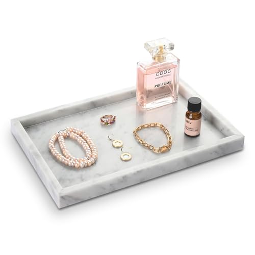 Italian White Marble Vanity Tray, Real Natural Bathroom Tray 12 inch, Carrara White Stone Trays, Large Perfume Trays, Cosmetic Organizer - color: Carrara White Rect 12-in