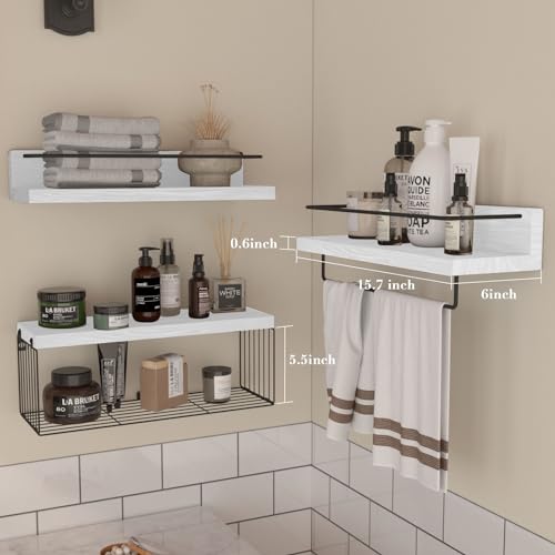 PopiShelves Bathroom Shelves Over Toilet for Wall, Floating Shelves with Storage Basket Paper Holer for Kitchen Living Room, Bedroom & Classroom, Set of 3 (White and Black) - color: White and Black, size: 15.7"