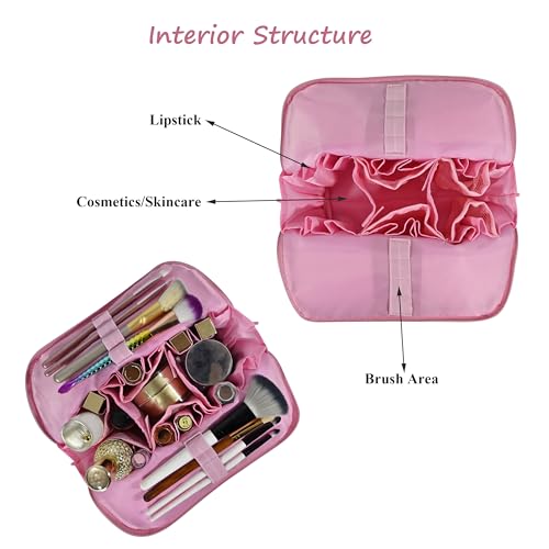 Travel Makeup Bag for Women, Waterproof Stand Up Cosmetic Bag with Brush Holders, Organizer Bag with Compartments, Fold-Down Design for Skincare, Toiletries & Essentials (Pink, Medium) - color: Pink, size: Medium