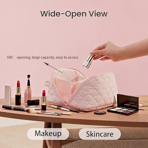 Makeup Bag for Women, Wide Open Lay-Flat Water-Resistant Cosmetic Case, Festivalment Makeup Bag, Spacious 180° Open Cosmetic Organizer for Toiletries & Brushes Large Capacity with Compartments (Beige) - color: Beige
