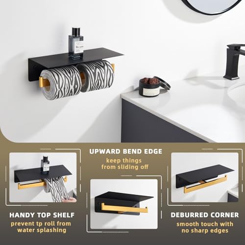 Angle Simple Double Toilet Paper Holder with Shelf, 304 Stainless Steel Bathroom Toilet Tissue Roll Holder for Wall Black and Gold - color: Black & Gold, size: Double Rod