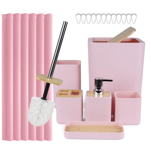 CERBIOR Bathroom Accessory Set with Shower Curtain, Includes Shower Curtain,Soap Dispenser, Toothbrush Holder, Toothbrush Cup, Soap Dish for Decorative Countertop and Housewarming Gift,Pink,20PC - size: Bath Set+Shower Curtain, style: Pink