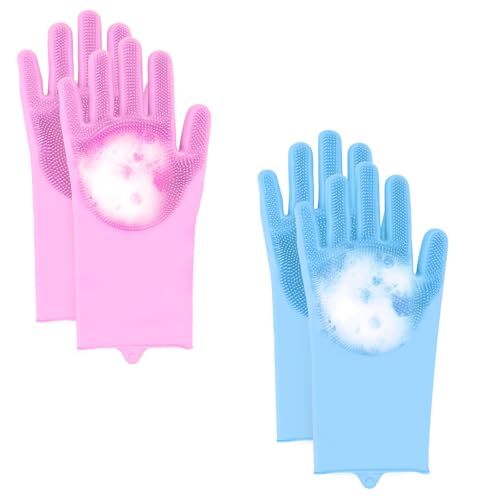 2-Pair Pet Hair Remover Glove for Dogs and Cats Washing, Grooming, & Deshedding – Multipurpose Silicone Dog Bath Gloves, Cat Brush Glove Mitt for Pet Cleaning & Household Use (pink & Blue) - color: pink & Blue