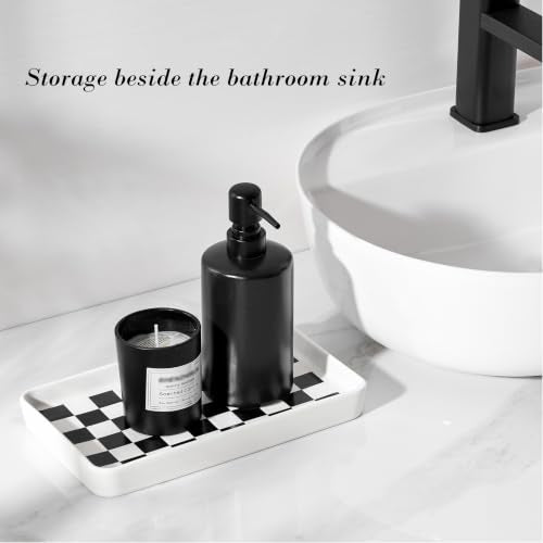 Texture Checkered Surface 10"×6"×1" Bathroom Vanity Tray for Countertop- Ceramic Decorative Organizer Tray for Dresser Top, Toilet, Perfume, Sponge Holder Soap Dish Dispenser for Kitchen Counter - color: White Color With Checkered Pattern-1 Pc