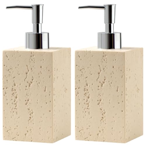 Soap Dispenser14OZ, Travertine Stone Look, 2PCS, Yellow | Luxurious, Modern, Refillable, For Hand Soap, Dish Soap, Lotion, with Rustproof Pump for Bathroom Countertop Kitchen Sink - color: Yellow