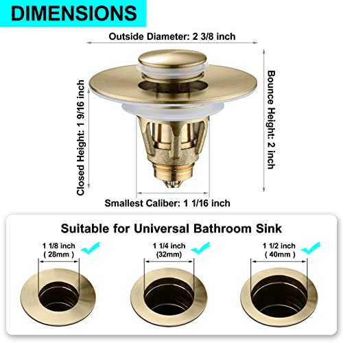 Universal Bathroom Sink Stopper - Bounce Wash Basin Drain Filter, Stainless Steel Pop Up Drain Stopper, Bullet Core Push Type Sink Stopper, Sink Drain Plug with Anti-Clogging Strainer, Brushed Gold1 - color: Gold Brushed, style: Small Cover