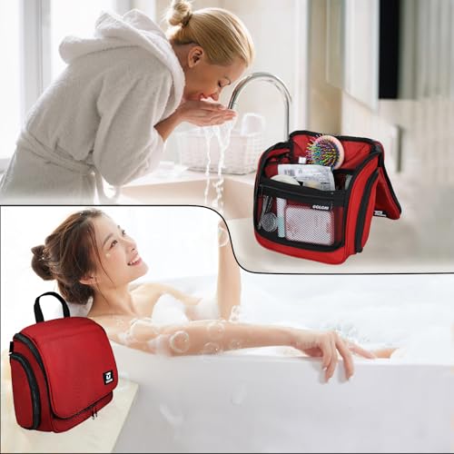 Goloni Hanging Toiletry Bag, 10 Compartments Water-Resistant Makeup Bag with 360° Spinning Metal Hook, Large Travel Cosmetic Organizer for Men & Women, Red (7.05oz) - color: Red