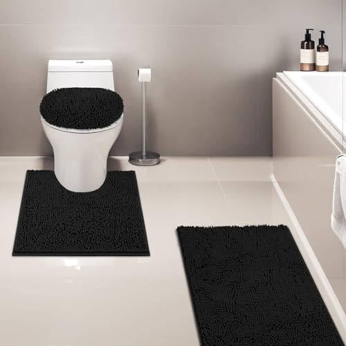 Bathroom Rugs Sets 3 Piece with Adjustable Toilet Seat Cover 19.5"x 18.5" Machine Washable Bath Rug Set with TPR Non Slip Rubber Backing Solid Bath Mat Set for Luxury Bathroom Decoration - color: Black