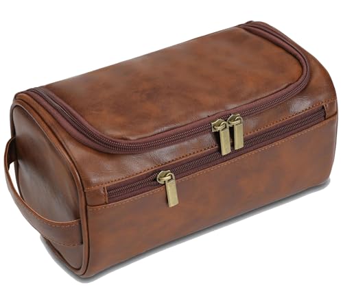 Toiletry Bag for Men, Travel Shaving Dopp Kit Water-resistant Bathroom Toiletries Organizer PU Leather Cosmetic Bags - color: redbrown