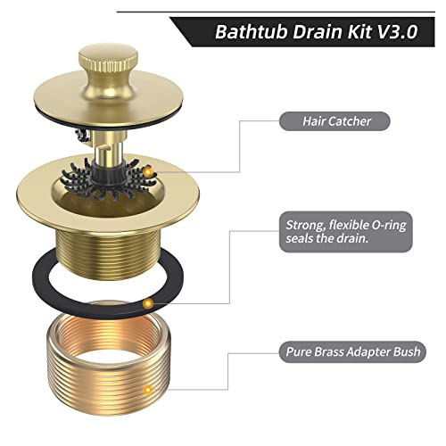Brushed Gold Bathtub Drain Bath Tub Trim Set Conversion Kit Assembly, All Brass Lift and Turn Twist Tub Drains Replacement Trim Kit with Two-Hole Overflow Faceplate - color: Brushed Gold