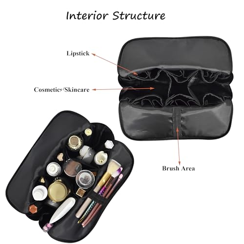 Travel Makeup Bag for Women, Waterproof Stand Up Cosmetic Bag with Brush Holders, Organizer Bag with Compartments, Fold-Down Design for Skincare, Toiletries & Essentials (Black, Large) - color: Black, size: Large