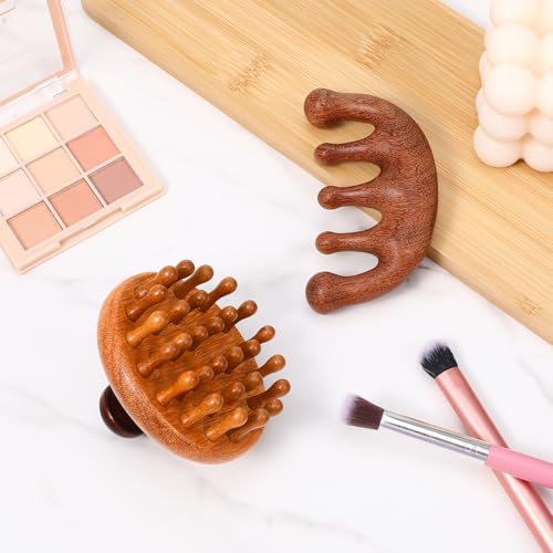 Trinkrittey 2 Pack Wooden Scalp Massager Comb Wooden Hair Brush Head Gua Sha Brush Hair Scrubber Portable Handheld Hairs Growth Tool for Women Men Hairs Growth Stress Relief Spa