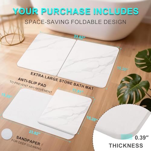 Stone Bath Mat, Foldable Non-Slip Stone Bath Mats for Bathroom 24"x16", Absorbent Quick Dry Diatomaceous Earth Bath Mat, Magic Stone Dish Drying Mat for Kitchen Counter, Pet & Plant - color: White Marble