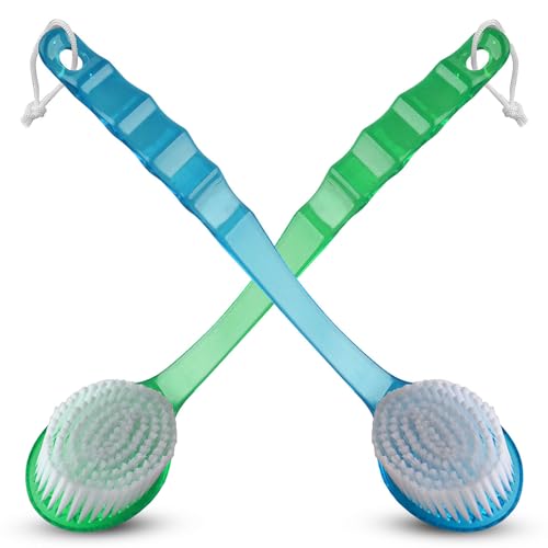 2 Pack Bath Body Brush Long Handle Back Shower Brush Exfoliating Back, Body, and Feet Scrubber Soft Nylon Bristles (Blue & Green)