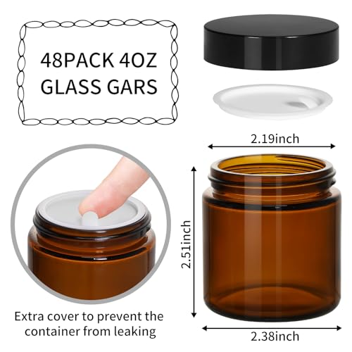 KEYWING 4oz Amber Glass Jars with Black Lids, 48 Pack Empty Cosmetic Containers Small Glass Jars with Inner Liners for Creams, Lotions, Ointments and Powders - color: Amber, size: 4oz-48Pack