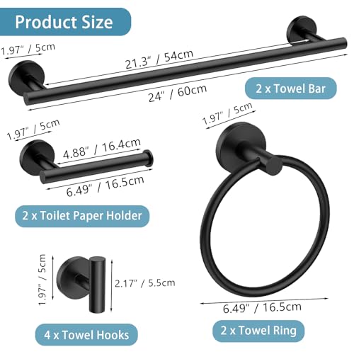 Newfun 10-Pieces Bathroom Hardware Set, Includes 24 Inch Towel Racks for Bathroom Wall Mounted, Toilet Paper Holder, Towel Hooks for Bathrooms, Towel Rings for Bathroom Wall (Matte Black) - color: Matte Black-ring