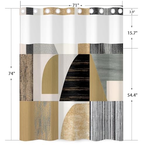 No Hook Geometric Shower Curtain and Liner Set 71 x 74 Inch | Brown Abstract of Shapes Pattern, Waterproof Bath Curtain for Mid-Century Bathroom, Hotel Decor, Breathable Mesh Top - color: Brown and Black