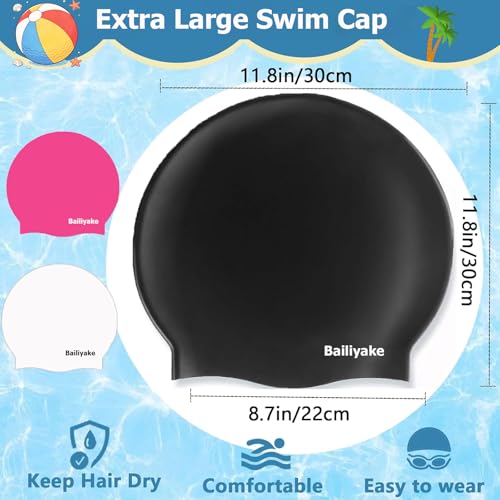 3 Pack Extra Large Swim Cap for Braids & Dreadlocks - Waterproof Silicone Swim Hat for Women with Long Thick Hair, Protective Swim Cap Cover Ears for Swimming, Shower, Bathing - color: Black+Pink+White