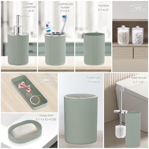 Sage Green Bathroom Accessories Set, 10PC Bathroom Set, Bath Accessory with Pop Up Trash Can, Soap Dispenser, Toilet Brush, Toothbrush Set Qtip Holders & Tray - color: Sage Green & Silver, size: 10-Piece Set (Accessories Only)