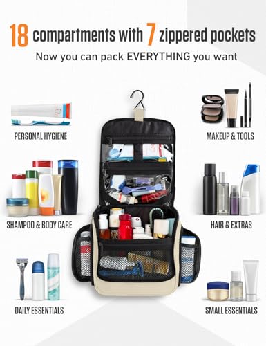 VENTURE 4TH Hanging Travel Toiletry Bag for Women & Men – Large Toiletry Organizer with 18 Compartments, Removable TSA Pouch, Travel Wash Bag for Toiletries, Makeup & Shaving Kit (Beige) - color: Beige