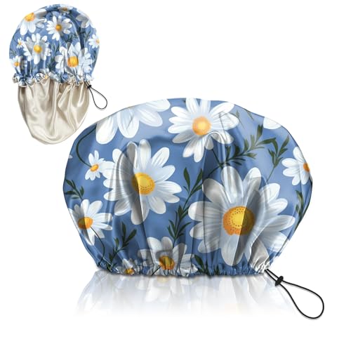 Luxury Shower Cap Adjustable Reusable Double Waterproof Layer Elastic Satin Lined Hair Bath Cap Cute Aesthetic Women Girls (K19-Chrysanthemum) - color: K19-Chrysanthemum
