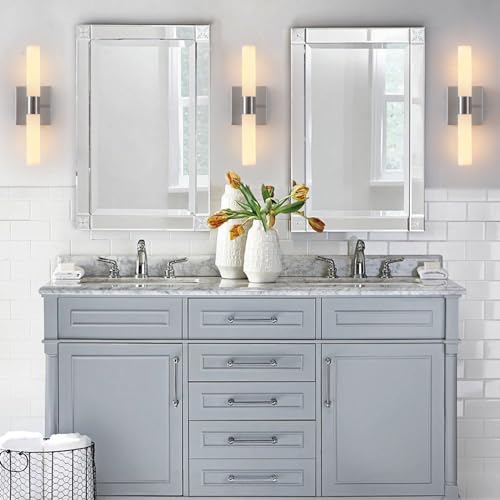 KUZZULL Wall Sconces Set of Two Brushed Nickel Bathroom Sconces Wall Decor Set of 2 Modern Wall Light Fixtures Metal Sconces Wall Lighting with Frosted Glass Shade Wall Mounted Lamp - color: satin nickel white