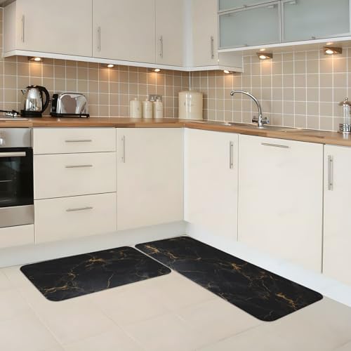 Black Marble Texture Kitchen Rugs Microfiber Floor Mats Cushioned Carpet Runner Rug for Laundry Bathroom Living Room, 2 Piece Set 17"X 47" + 17"X 30" - color: Black Marble