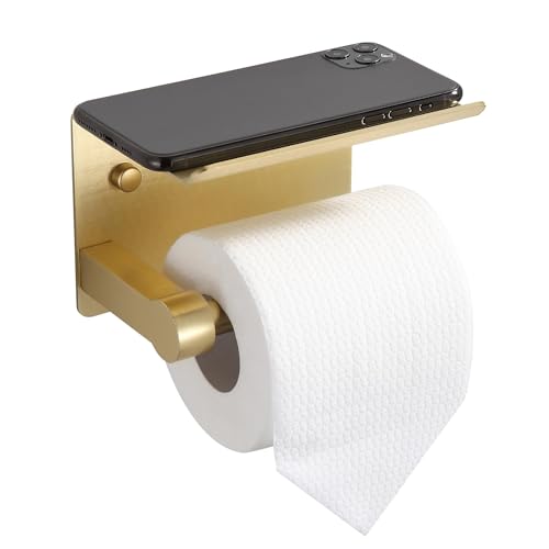 BGL Toilet Paper Holder with Shelf, Jumbo Roll Toilet Paper Holder for Large Rolls,Brushed Gold Adhesive Toilet Roll Holder for Bathroom，Renter Friendly Toilet Paper Holder - color: Gold