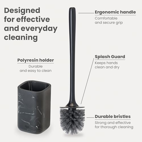 Vigar Zense Toilet Brush and Holder Set - Toilet Bowl Brush and Holder, Polyresin Stone Bathroom Accessory, Compact Toilet Cleaner Brush for Bathroom Decor and Toilet Accessories Set - Black Marble - color: Black Marble