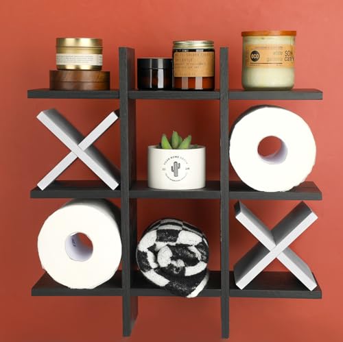 Weysat Tic Tac Toe Toilet Paper Holder Stand Bathroom Wall Decor Rustic Wooden Hanging Storage Freestanding Wall Mounted Shelves Decor for Toilet Tissue Farmhouse - color: Black, White