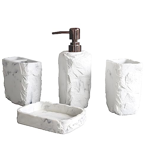 Hymmah Marble Bathroom Accessories Set,Marble Design Toothbrush Holder,Farmhouse Bathroom Decor,4 Pcs Resin Gift Set Apartment Necessities, Contain Toothbrush Cup,Soap Dispenser,Soap Dish,Tumbler - color: Marble White