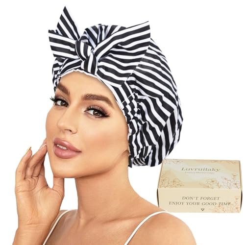 Luvruitaky Shower Cap Luxury Shower Caps for Women Reusable Waterproof Hair Cap for Shower with Adjustable Bowknot Hair Bath Cap (Black Stripe) - color: Black Stripe