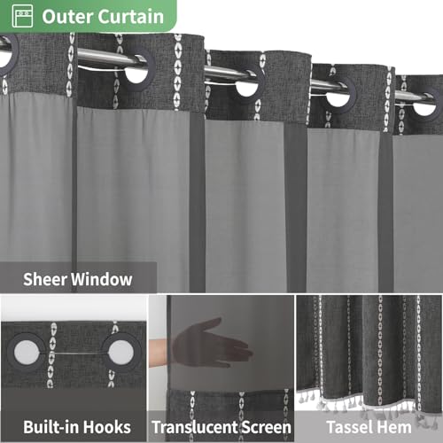 eachope Boho Farmhouse No Hook Shower Curtain Set with Snap-in Fabric Liner,Heavy-Duty Linen Textured Rustic Striped Design,Water-Repellent with Tassels and Sheer Window,Charcoal Grey,71x74 - color: Charcoal Grey, size: 71"W x 74"L (Pack of 1)