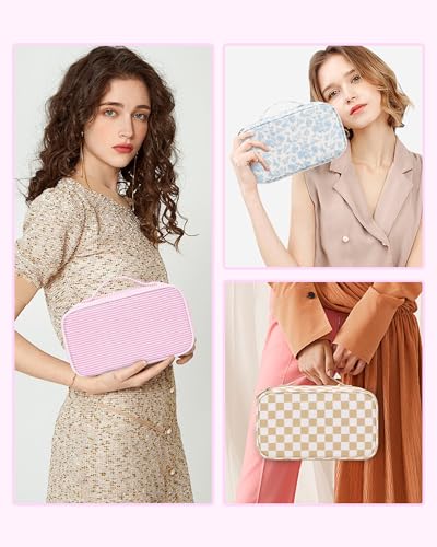 Relavel Cute Makeup Bag for Girls, Portable Pink Cosmetic Bag, Dual-layer Makeup Pouch with Brush Holder, Multi-Functional Preppy Toiletry Organizer for Travel, Daily Use - Pink Strip - color: 01-Pink Strip, size: MEDIUM